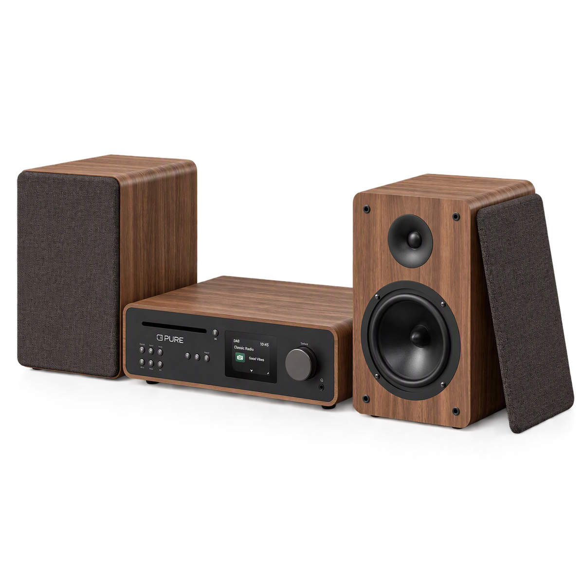 PURE Stereo Music System with Internet Radio, DAB+, FM, CD, Bluetooth and Phono Input Black/Walnut