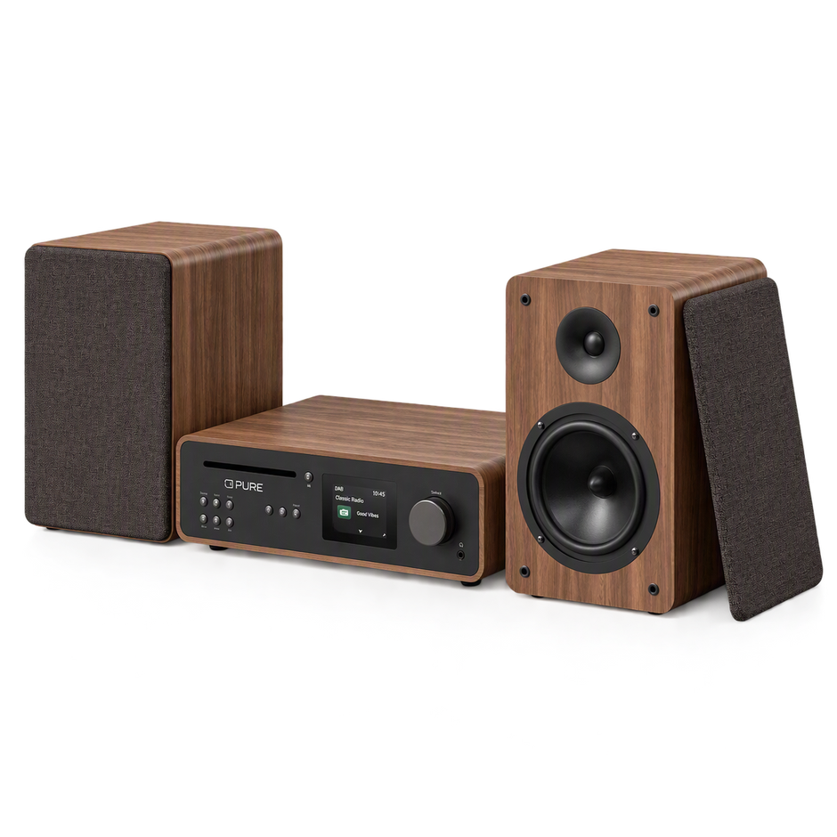 PURE Stereo Music System with Internet Radio, DAB+, FM, CD, Bluetooth and Phono Input Black/Walnut