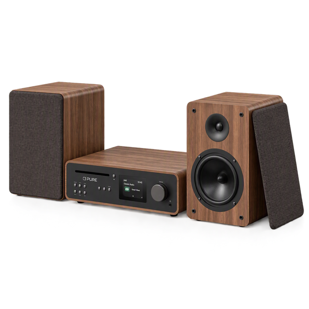 PURE Stereo Music System with Internet Radio, DAB+, FM, CD, Bluetooth and Phono Input Black/Walnut